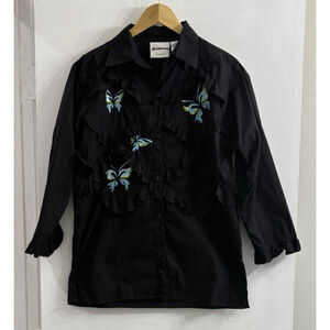 Michael Simon Womens Small Black Embroidered Blue Butterflies Button Down Up Top